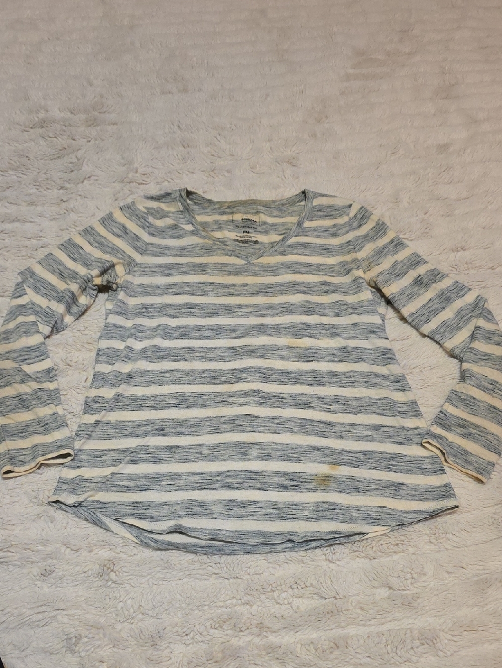 Striped Long-Sleeve Women’s Top, White and Light Blue -(stains!)